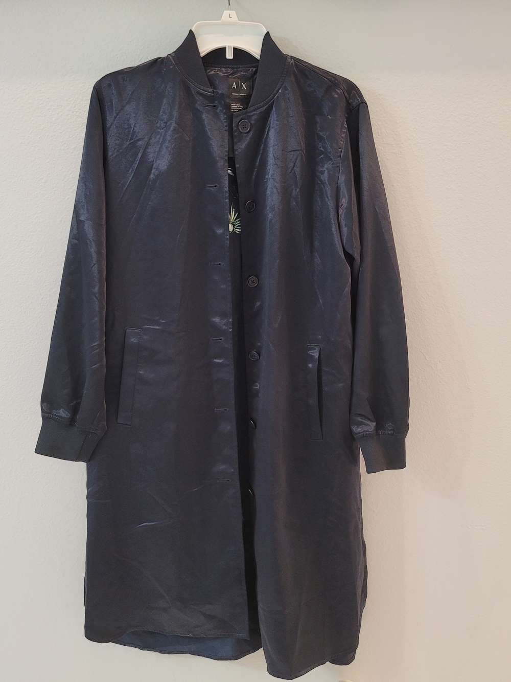 Armani Exchange Black Satin Floral-Embroidered Long Dress Xs Oversized - Picture 2 of 16